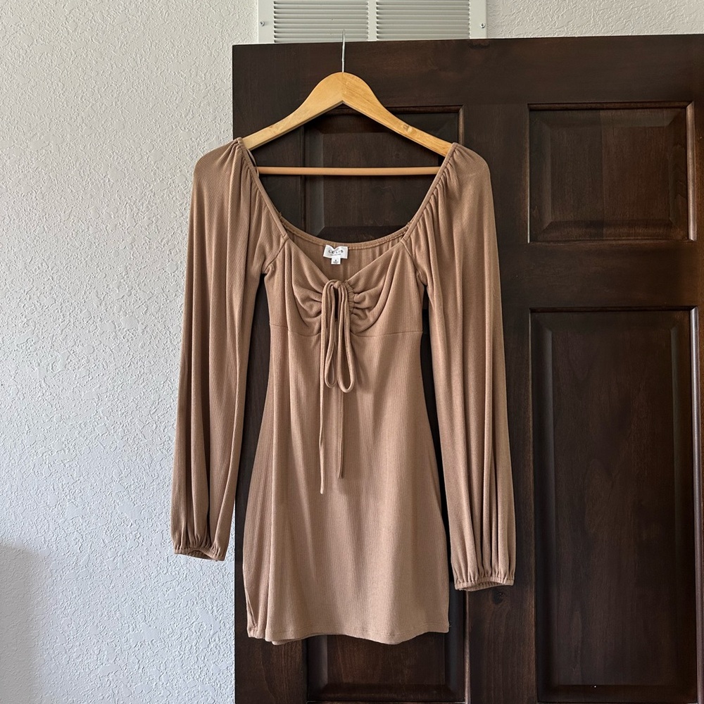 Brown Long Sleeve Dress with Tie Front